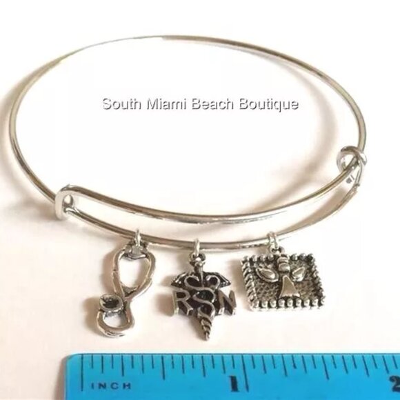 Nursing Caduceus Wire Charm Bracelet Stethoscope RN Graduation Gift Silver Tone - Picture 4 of 5